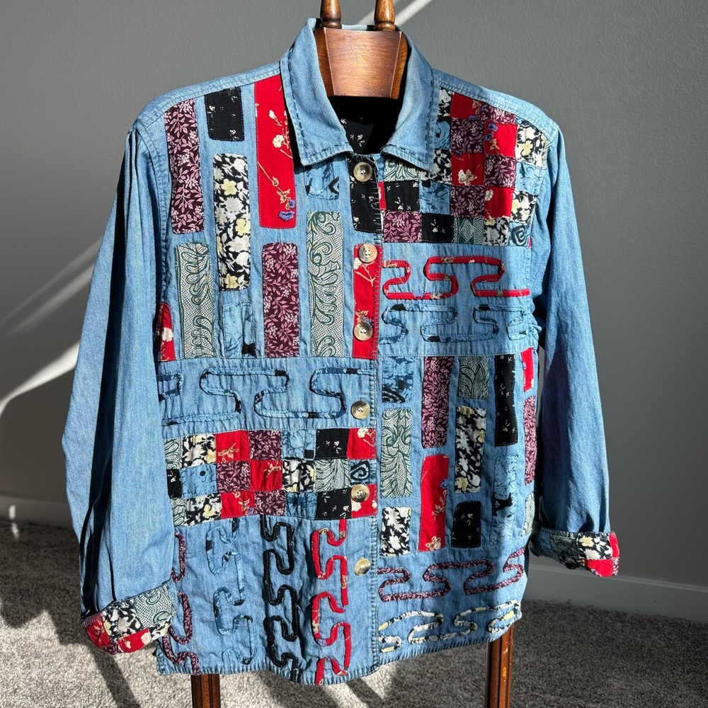 Vintage Patchwork Denim Jacket Handmade Quilt M–L fall Artsy Hippie Festival